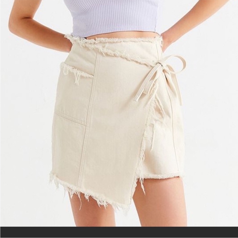 Cream Frayed Wrap Skirt raw edge BDG/UO